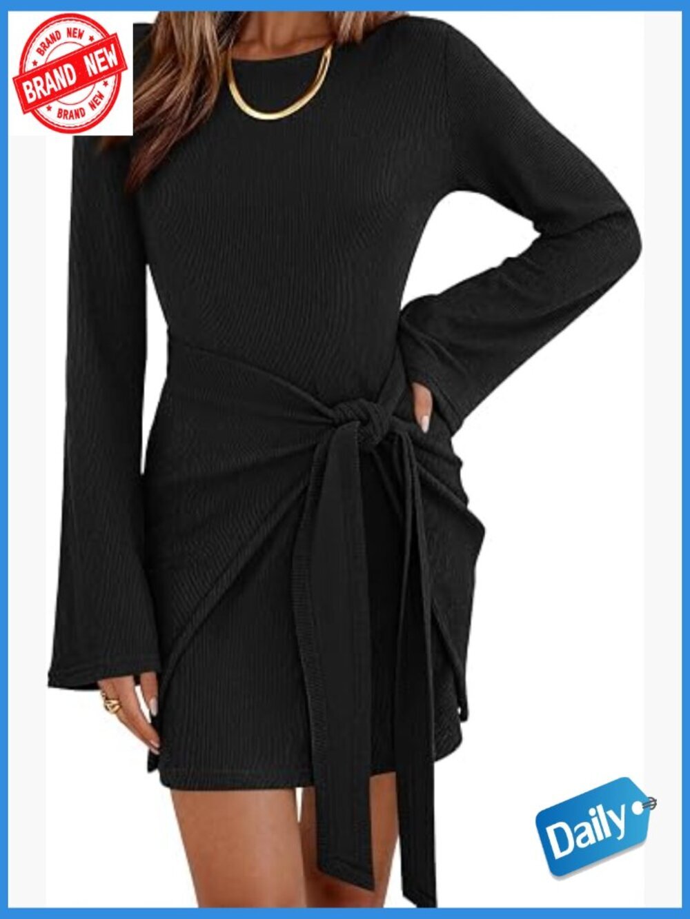 Bell Sleeve Boat Neck Tie Waist Bodycon Mini Dress Knitted Party Fall